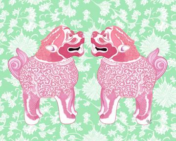 Foo Dog Twins Pink and Green