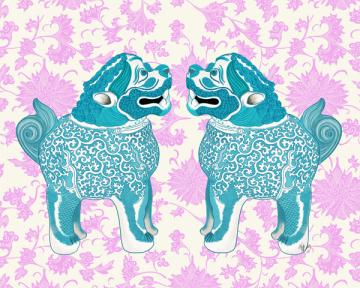 Foo Dog Twins Turquoise and Pink
