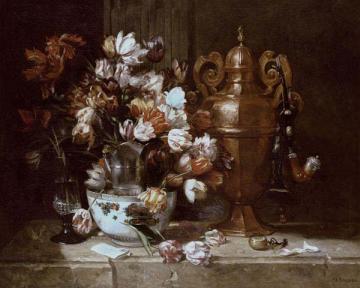 A Rich Still Life of Tulips by an Urn