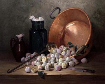 A Still Life of Plums and Jam Making Utensils