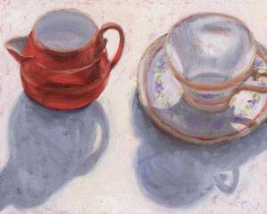 White Teacup with Red Creamer